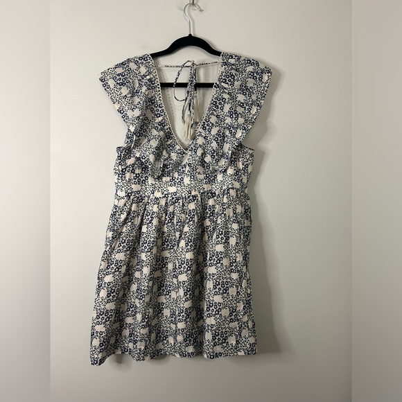 Anthropologie Blue & Cream Floral Printed Ruffle Sleeve Mini Dress - Picture 5 of 7